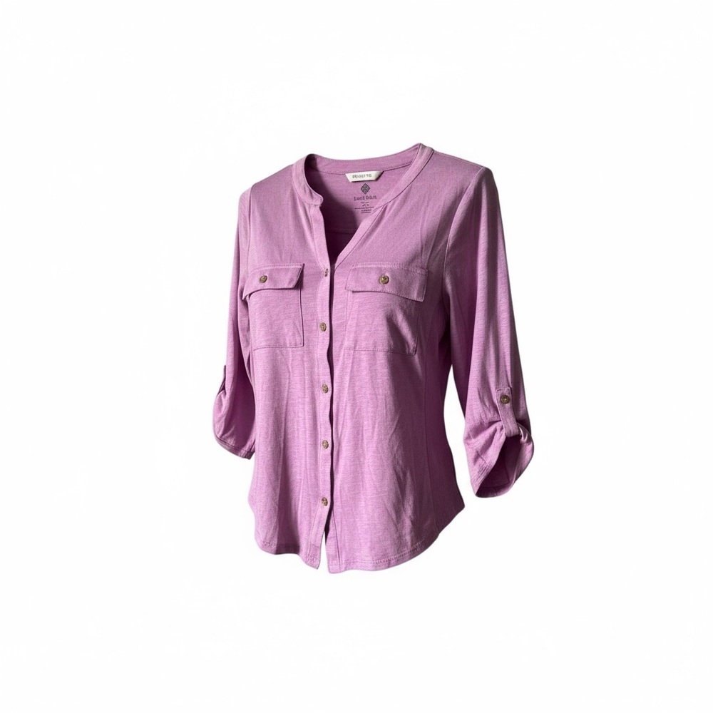 Kate Park Elegant Mauve Button-Down Roll Tab Sleeve Shirt. Size petite Small.